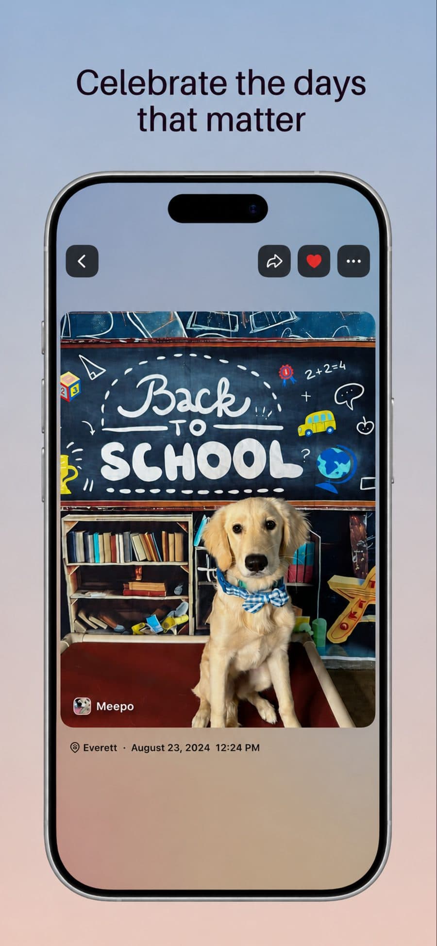 A photo of Meepo in front of a back-to-school backdrop, with its date and location
